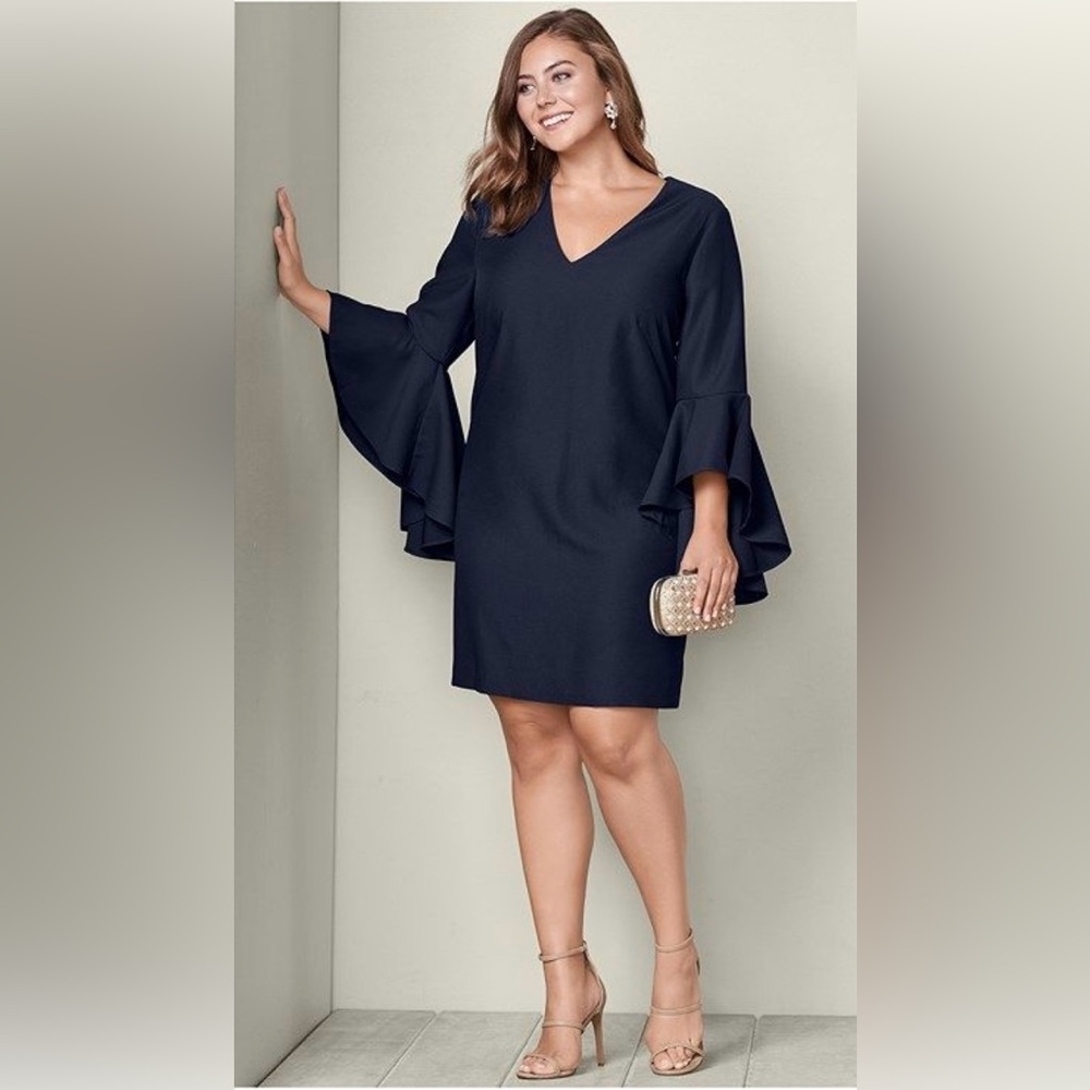 VENUS Navy Long Sleeve Dress with Bell Sleeves